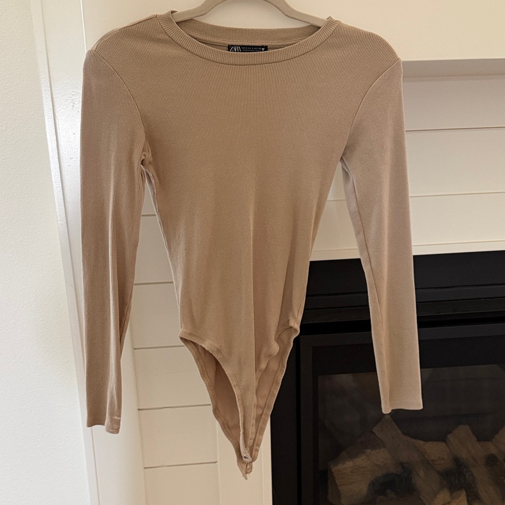 Zara Taupe Ribbed Long Sleeve Bodysuit